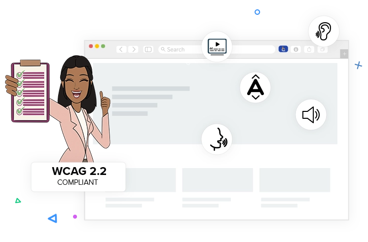 Girl holding checklist certificate next to browser with accessibility functions